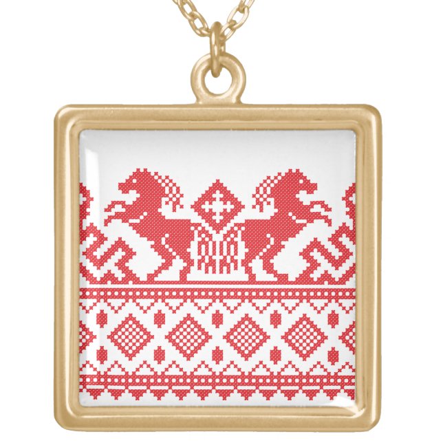 Red rearing horses gold plated necklace (Front)