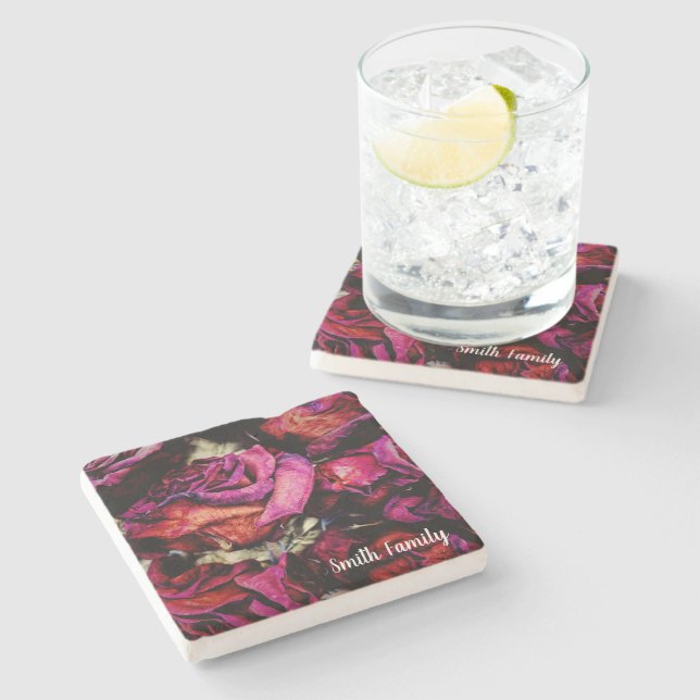 Red Red Roses Flower Floral Stone Coaster (Side)