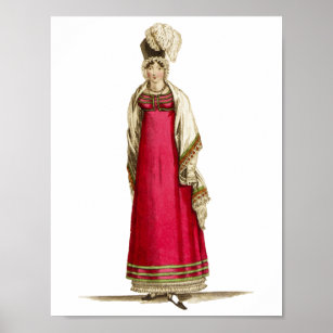 Red Regency Gown Antique French Fashion Drawing Poster