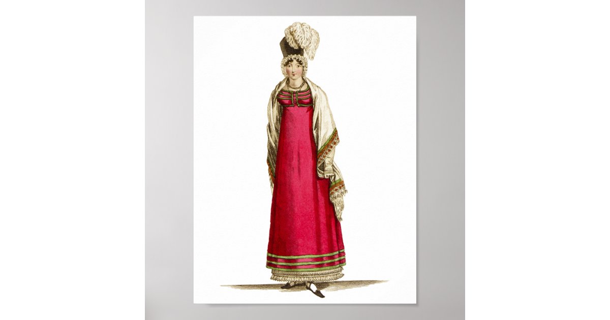 Red Regency Gown Antique French Fashion Drawing Poster | Zazzle