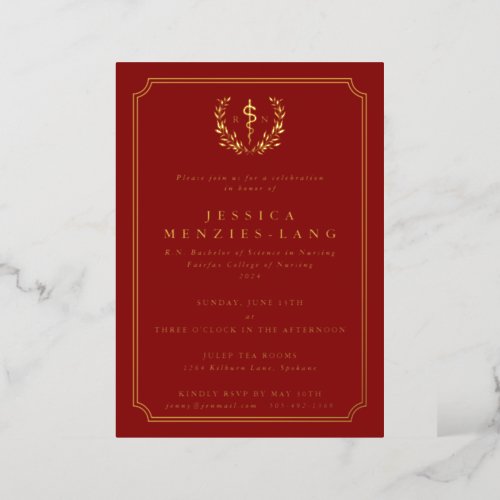 Red Registered Nurse Asclepius  Laurel Wreath Foil Invitation