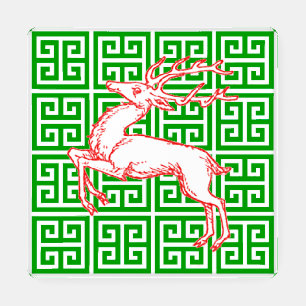 Red Reindeer and Green Greek Key Coaster Set
