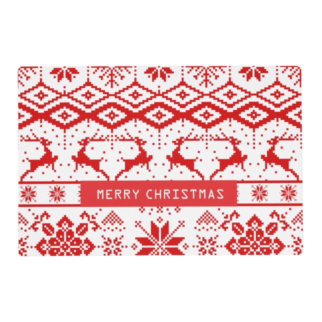 Red Reindeer And Snowflakes Pattern Placemat (Front)