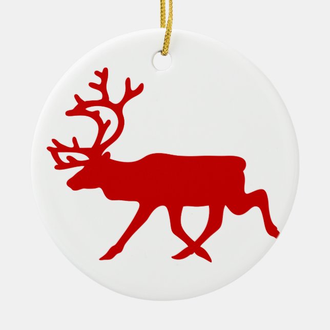 Red Reindeer / Caribou Silhouette Ceramic Ornament (Front)