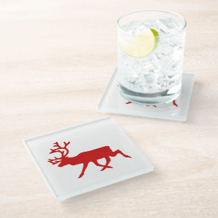 Red Reindeer / Caribou Silhouette Glass Coaster