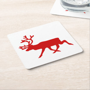 Red Reindeer / Caribou Silhouette Square Paper Coaster
