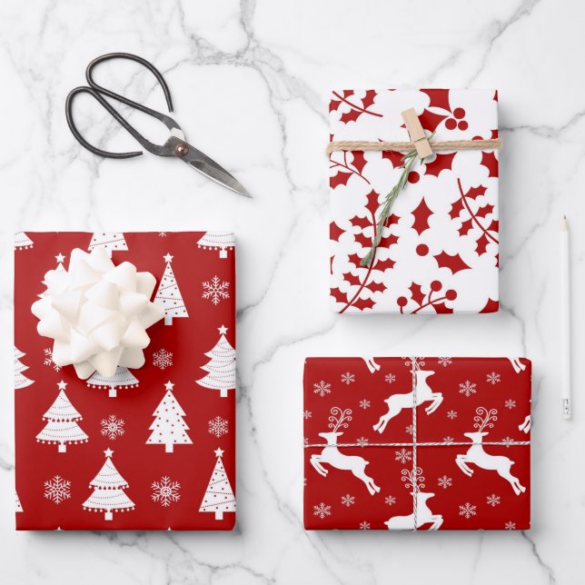 Red Reindeer, Christmas Trees and Holly Patterns Wrapping Paper Sheets (Front)