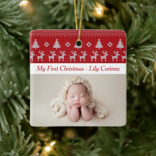 Red Reindeer Classic Babys 1st Christmas Photo Ceramic Ornament