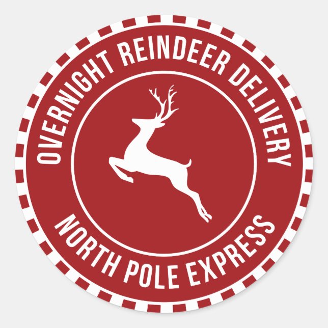 Red reindeer North Pole delivery gift sticker (Front)