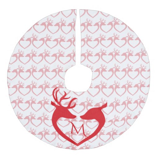 Red Reindeer Silhouette Monogrammed Christmas Faux Linen Tree Skirt