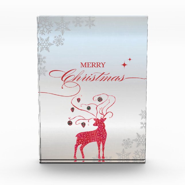 Red Reindeer Silver Snowflakes Christmas Photo Block (Front)