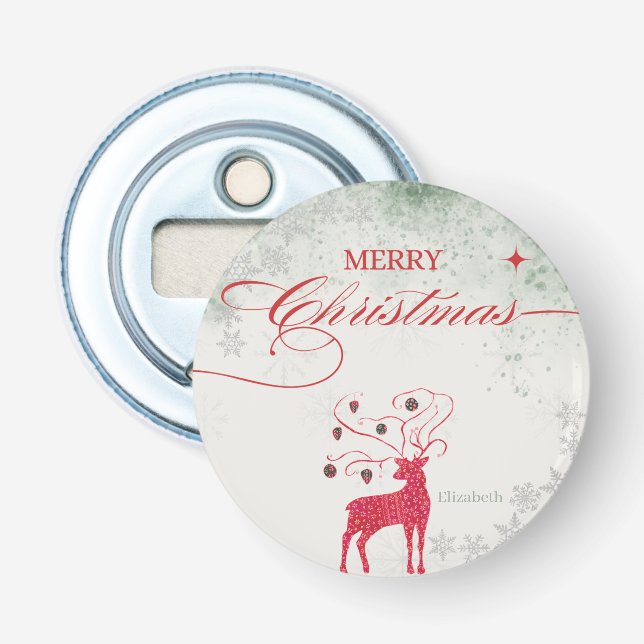 Red Reindeer Silver Snowflakes Green Christmas Bottle Opener (Front)