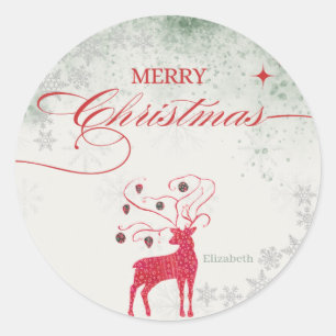 Red Reindeer Silver Snowflakes Green Christmas Classic Round Sticker