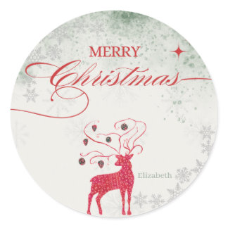 Red Reindeer Silver Snowflakes Green Christmas Classic Round Sticker