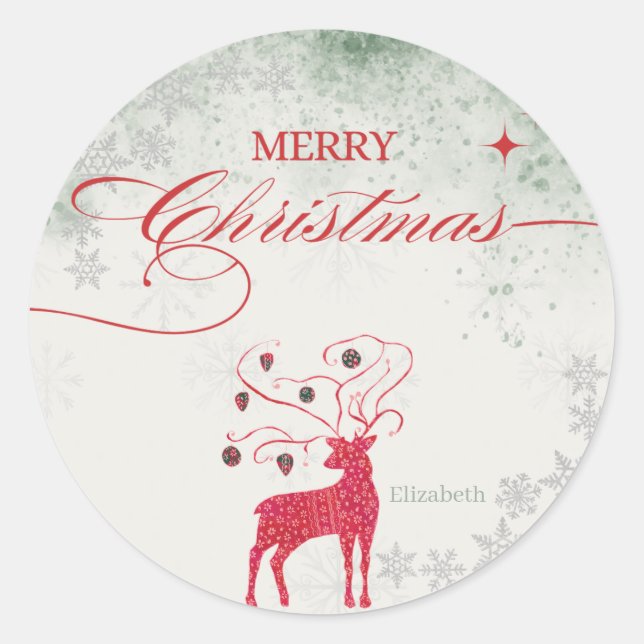 Red Reindeer Silver Snowflakes Green Christmas Classic Round Sticker (Front)