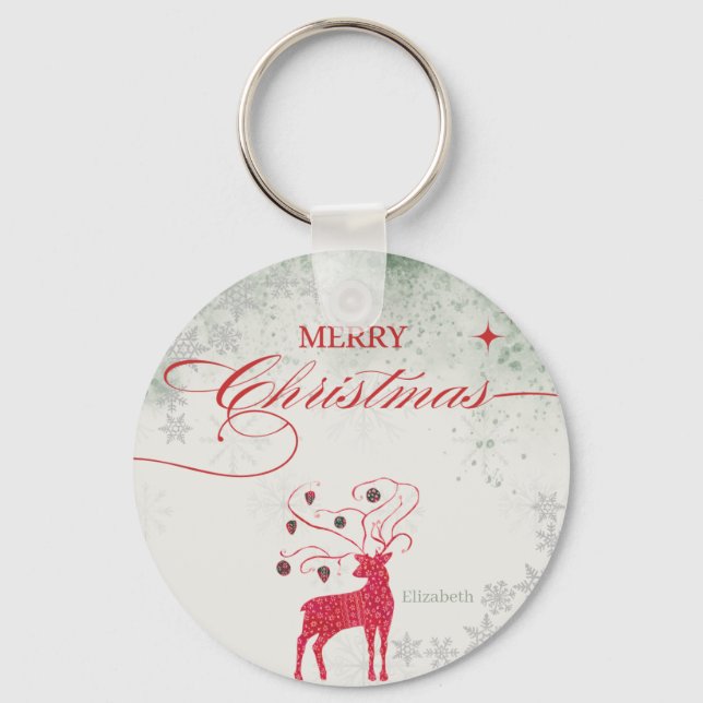 Red Reindeer Silver Snowflakes Green Christmas Keychain (Front)