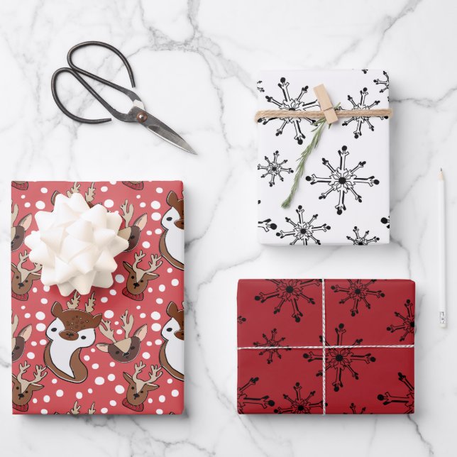 Red Reindeer Snowflakes Wrapping Paper Sheets (Front)