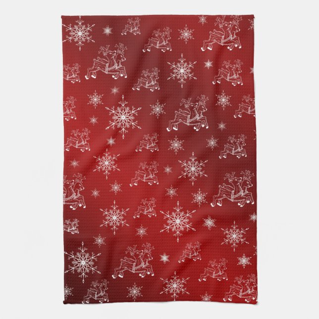 red,reindeer, star, stars, snowflake, christmas kitchen towel (Vertical)
