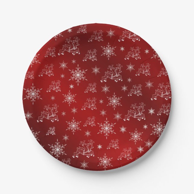 red,reindeer, star, stars, snowflake, christmas paper plates (Front)