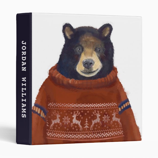 Red Reindeer Sweater Bear | Add Your Name 3 Ring Binder (Front/Spine)