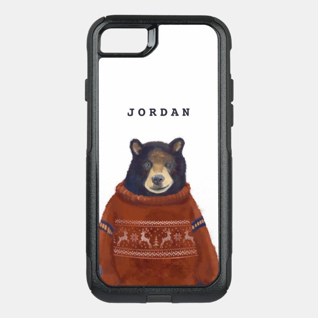 Red Reindeer Sweater Bear | Add Your Name Otterbox iPhone Case (Back)
