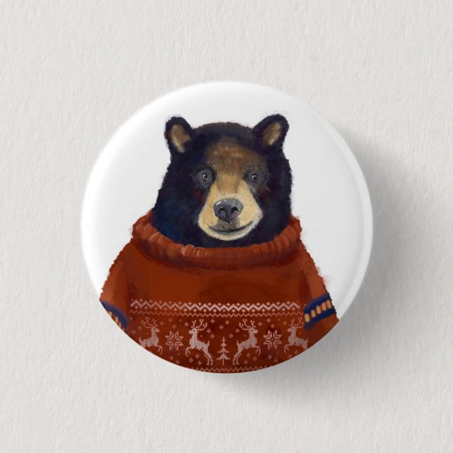 Red Reindeer Sweater Bear Button (Front)