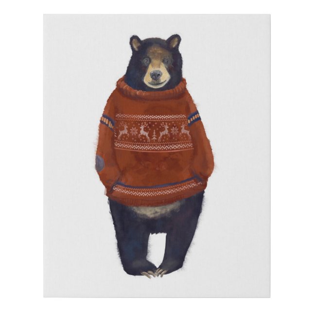 Red Reindeer Sweater Bear Faux Canvas Print (Front)