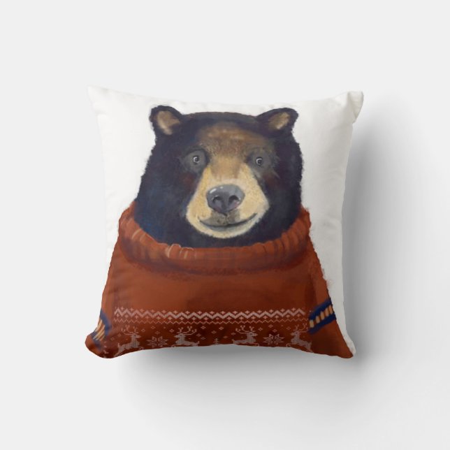 Red Reindeer Sweater Bear Throw Pillow (Front)