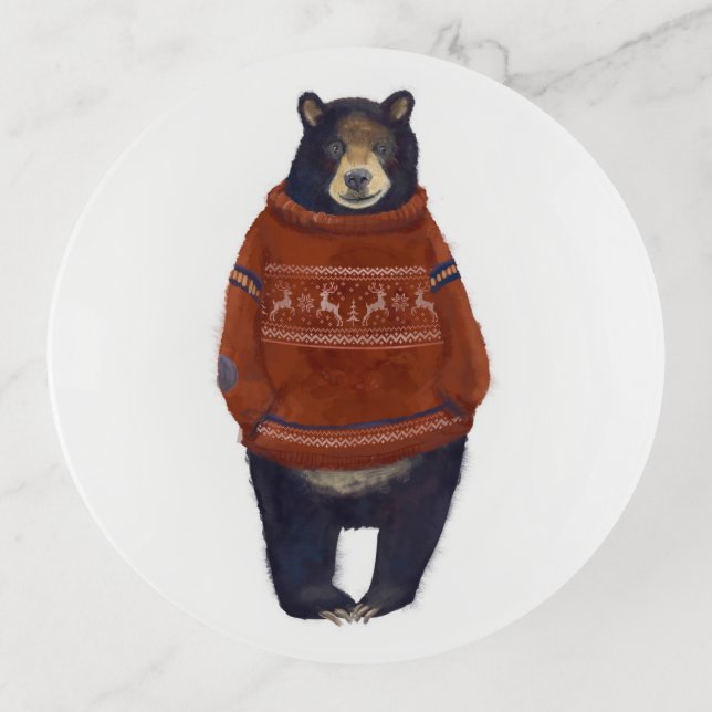 Red Reindeer Sweater Bear Trinket Tray (Front)