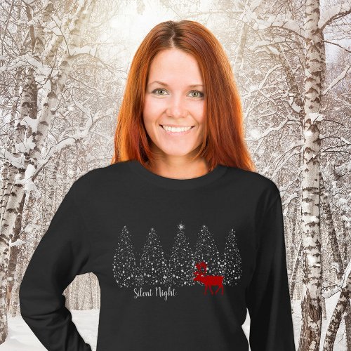 Red Reindeer White Christmas Tree Silent Night  T_Shirt