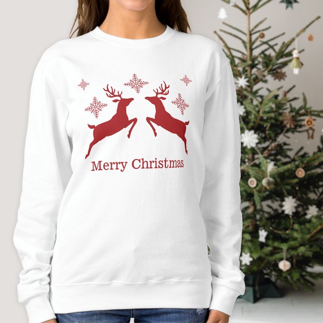 Red Reindeers And Snowflakes Merry Christmas Sweatshirt (Festive design for the Holiday season.)