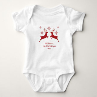 Red Reindeers With Snowflakes With Custom Text Baby Bodysuit