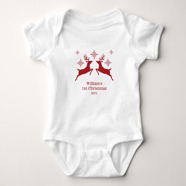 Red Reindeers With Snowflakes With Custom Text Baby Bodysuit (Front)