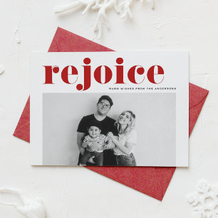 Red Rejoice Bold Typography Modern Photo Christmas Holiday Card