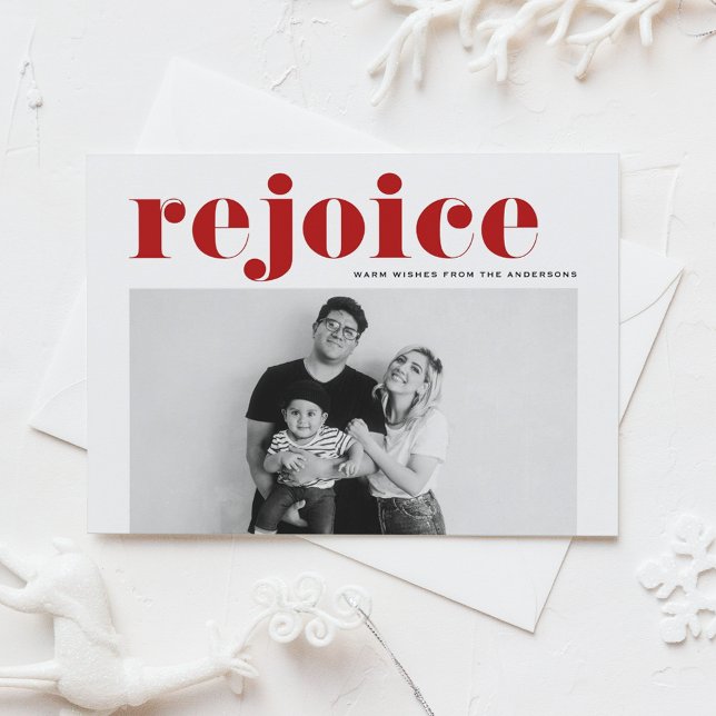 Red Rejoice Bold Typography Modern Photo Christmas Holiday Postcard (Creator Uploaded)