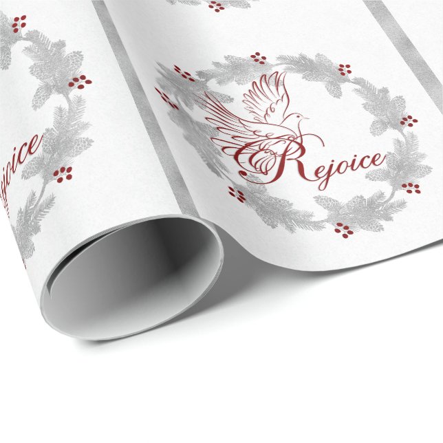Red Rejoice Silver Leaf Pine Wreath Wrapping Paper (Roll Corner)
