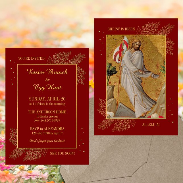 Red Religious He is risen Easter Brunch Egg Hunt Invitation (Religious Christian Catholic He is risen Jesus Christ Resurrection Easter Brunch Egg Hunt Invitation)