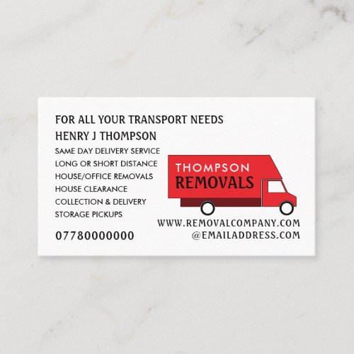 Red Removal Van Removal Company Business Card