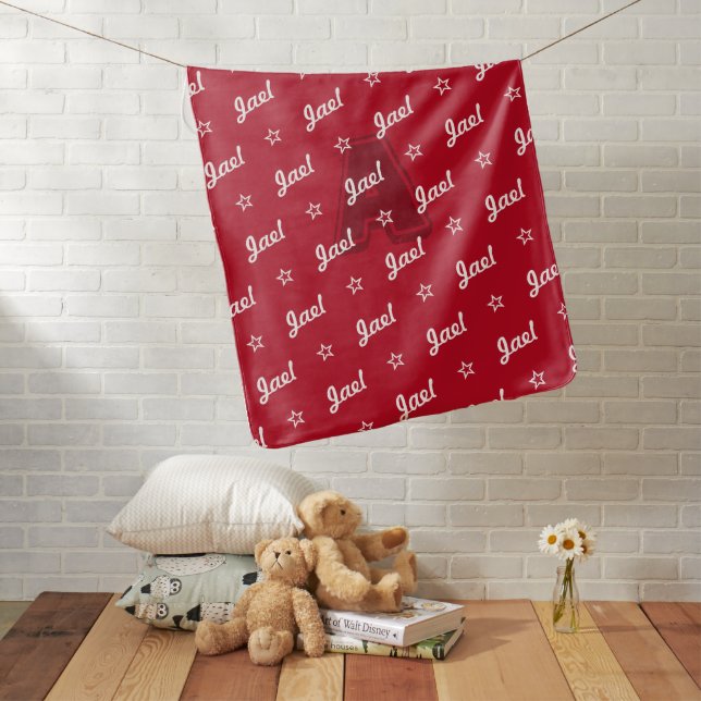 Red repeat personalized name script & monogram b baby blanket (In Situ)