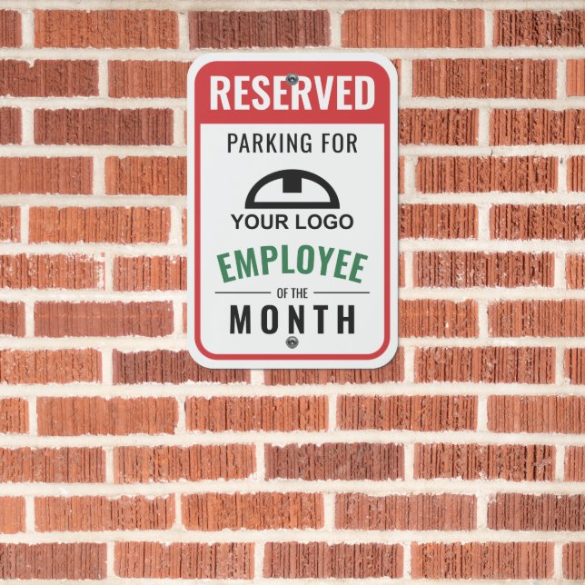 Red Reserved Parking Employee of the Month Logo Metal Sign (In Situ(Brick))
