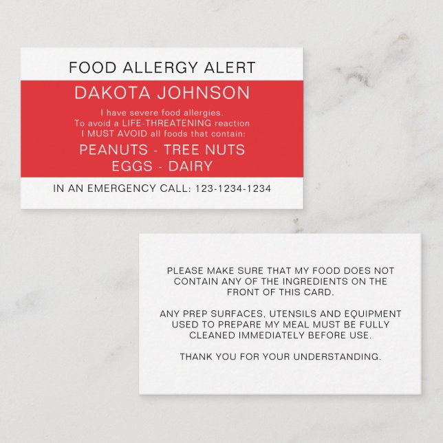 Red Restaurant Food Allergy Alert Card (Front/Back)