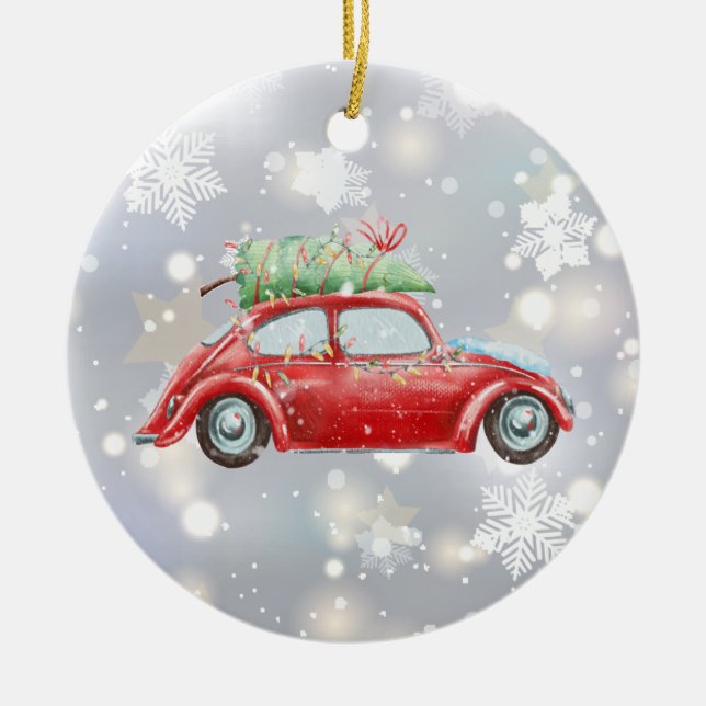 Red Retro Beetle with Christmas Tree, Lights, Ceramic Ornament (Front)