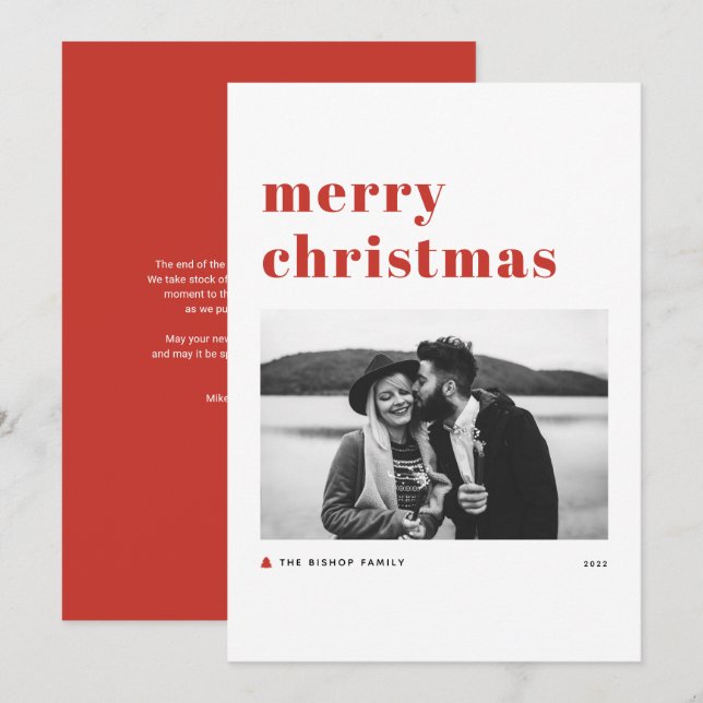 Red Retro Bold Typography Merry Christmas Photo Holiday Card (Front/Back)