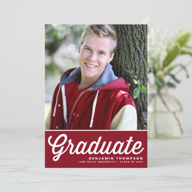 Red Retro Bold Typography Photo Graduation Invitation (Standing Front)
