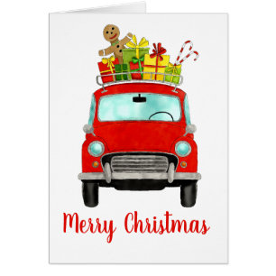 Red Retro Car with Christmas Gifts Cards