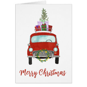 Red Retro Car with Christmas Gifts Cards