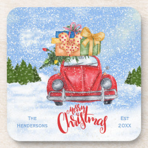 Red Retro Car with Christmas Tree Coaster Set