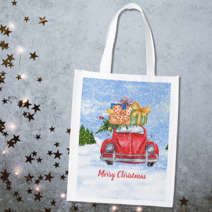 Red Retro Car with Christmas Tree Reusable Grocery Bag
