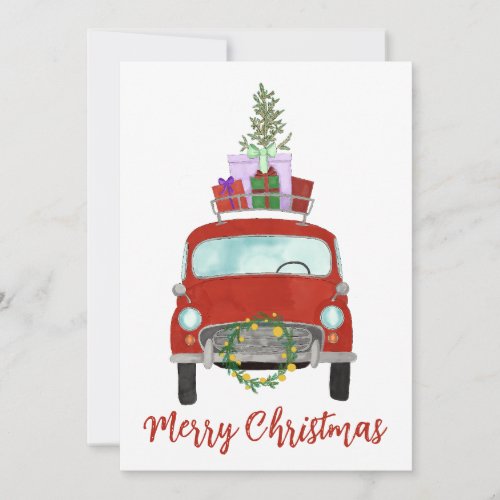 Red retro Car with gifts  Holiday Card