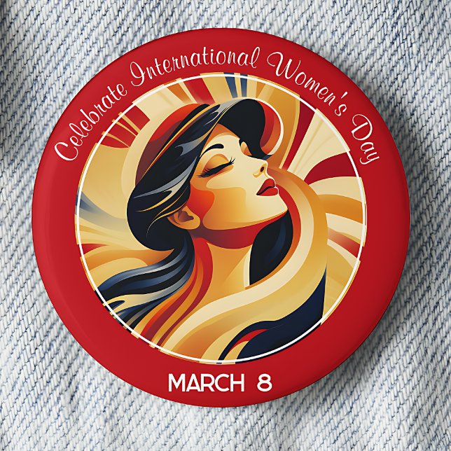 Red Retro Celebrate International Women's Day Button (Red Retro Celebrate International Women's Day March 8 pinback button.)